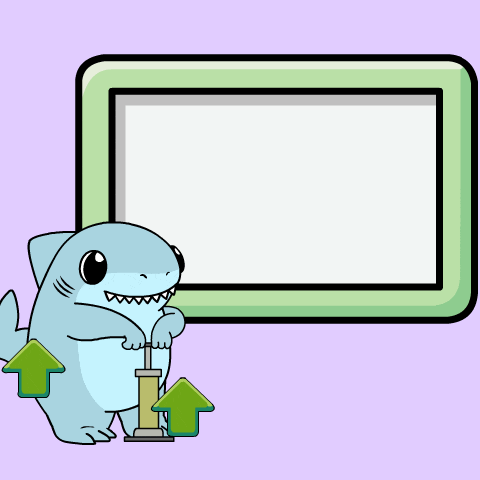 a cartoon shark is pumping up a graph with an arrow pointing up
