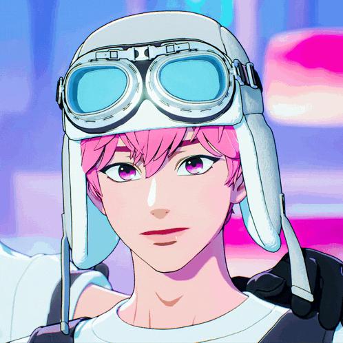 a cartoon character with pink hair and goggles on