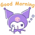 a purple and white cartoon character with a skull on his head and the words `` good morning '' written above it .