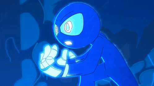 a blue cartoon character with a lightning bolt coming out of it