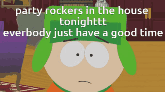 a cartoon character with the words party rockers in the house tonighttt everybody just have a good time