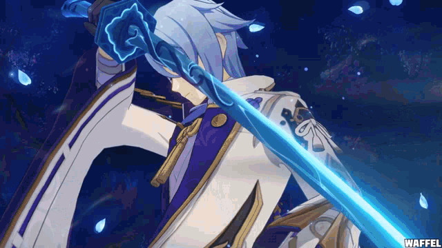 a video game character holding a blue sword with the word waffel on the bottom right