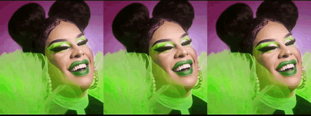 three portraits of a woman wearing neon green makeup and earrings