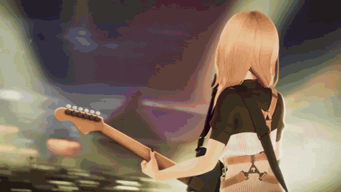 a woman playing a guitar with a black strap