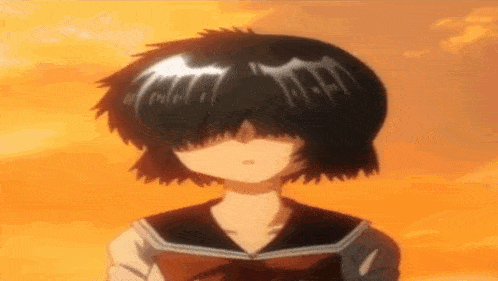 a girl with short black hair is wearing a school uniform and covering her face with her hair .