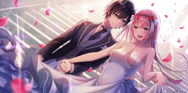a man in a suit and tie is holding a woman in a white dress