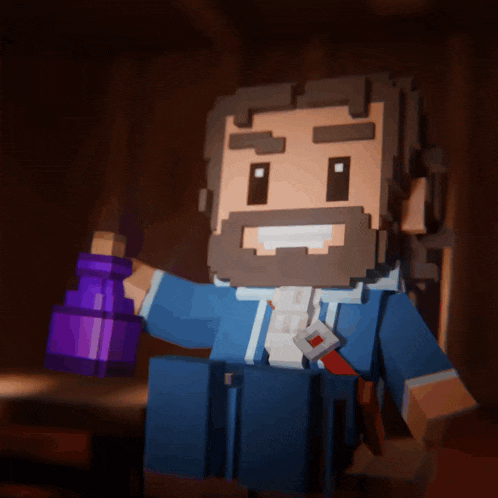 a pixelated man with a beard is holding a purple object