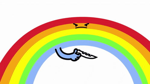 a cartoon of a hand holding a knife in front of a rainbow with the word run below it