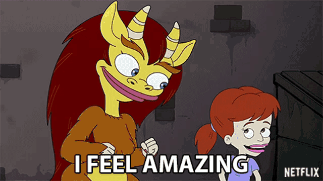 a cartoon character says i feel amazing next to another cartoon character