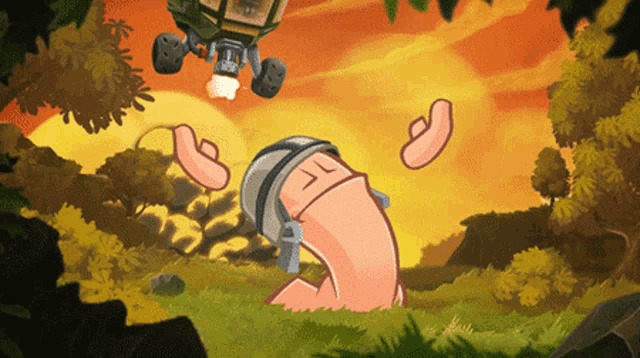 a cartoon of a worm wearing a helmet with the letter t on its face