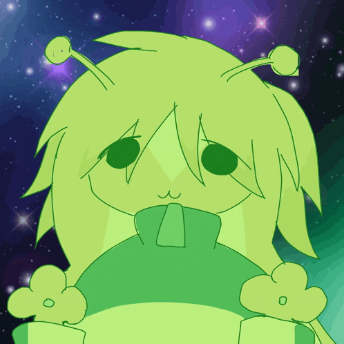 a cartoon drawing of a green alien with antennas