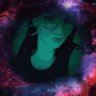 a woman with glasses is surrounded by a purple and red galaxy