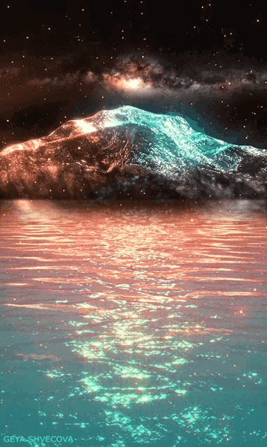 a painting of a mountain reflected in a body of water by geya shevcova