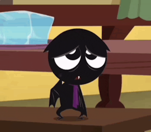 a cartoon character with a purple tie is standing on a wooden table
