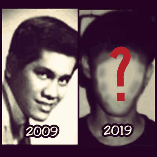 a black and white photo of a man with 2009 and 2019 written on it
