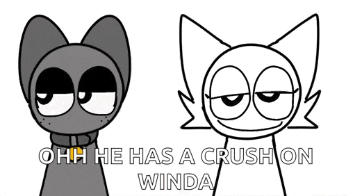 a drawing of a cat with the words " oh he has a crush on winda " next to it