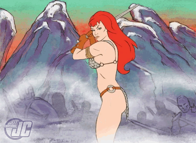 a cartoon of a woman with red hair holding a sword in front of mountains