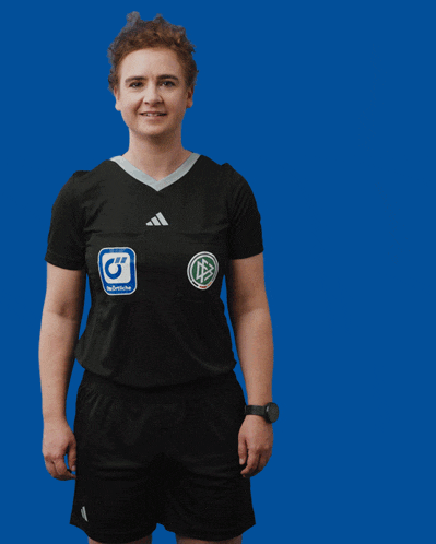 a woman wearing a black adidas shirt with a gazprom logo on it