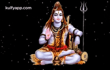 a painting of lord shiva sitting in a lotus position with a trident and a snake .