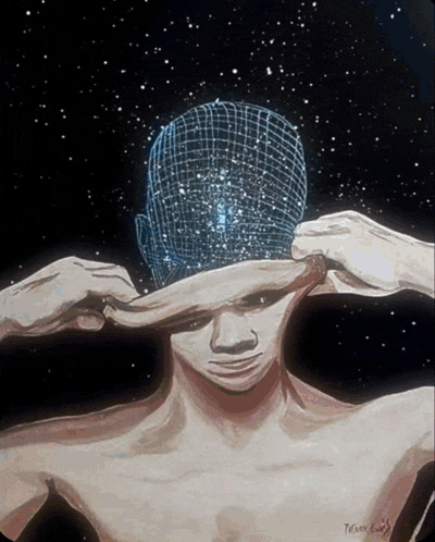 a painting of a man with a grid on his head has the name peter written on the bottom right corner
