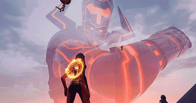 a woman is standing in front of a giant robot holding a ring of fire
