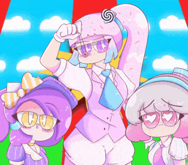 a drawing of a girl with a lollipop on her head and two other girls