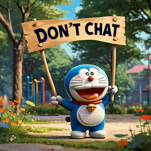 doraemon is holding a sign that says " don 't chat "
