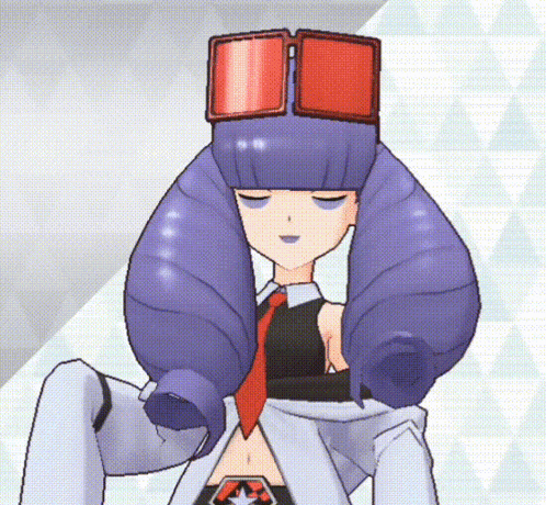 a cartoon character with purple hair and a red hat