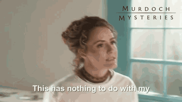 a murdoch mysteries poster with a woman talking