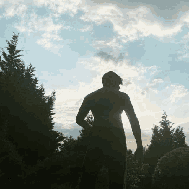 a man without a shirt is standing in the woods looking up at the sky