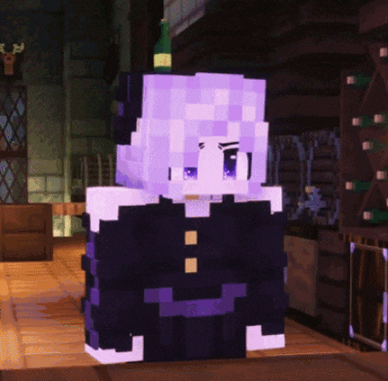 a minecraft character with purple hair and a bottle on top of her head