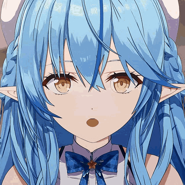 a close up of a blue haired anime character with yellow eyes