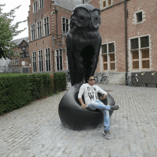 a man wearing sunglasses sits on a statue with a shirt that says dumb and wild on it