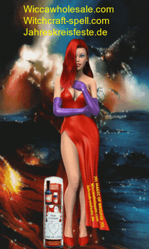 a woman in a red dress and purple gloves stands next to a can of witchcraft spell