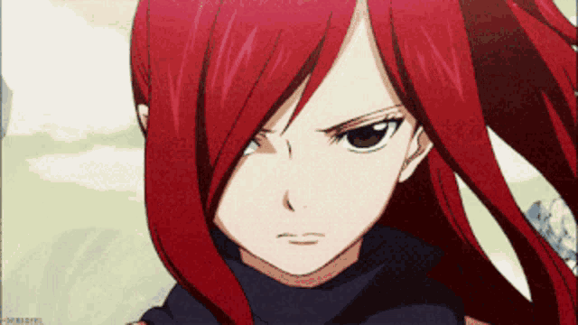 a close up of a red haired anime girl with a black sweater