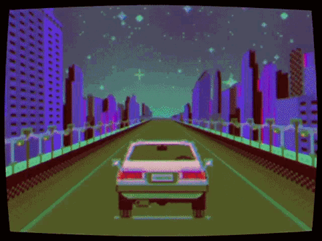 a pixel art of a green car driving down a street in front of a city skyline .