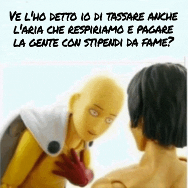 a man in a yellow suit is talking to another man in a red glove
