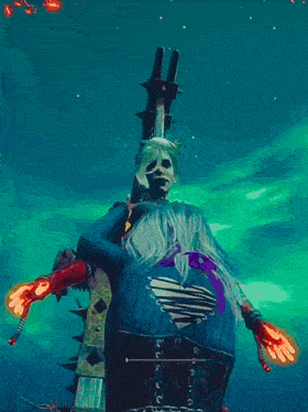 a person 's legs are chained to a castle in a video game scene