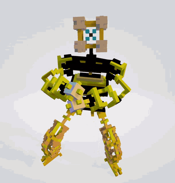 a 3d rendering of a robot with a purple head and yellow arms and legs