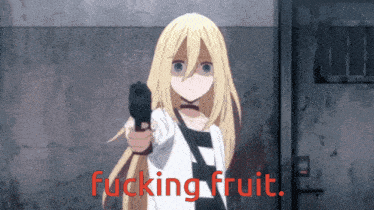 a blonde anime girl is pointing a gun at the camera with the words fucking fruit written below her