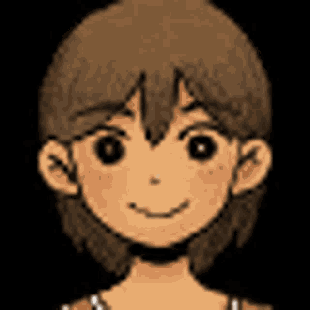 a close up of a cartoon girl 's face with brown hair and a smile .