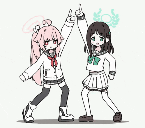 two anime girls are standing next to each other with their arms up in the air