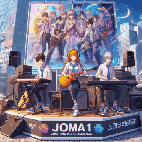 a joma 1 just one music alliance poster with a group of anime characters