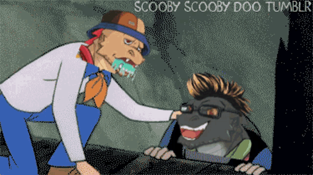 a cartoon of scooby doo talking to a man with glasses