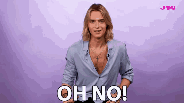 a man in a blue shirt says " oh no "