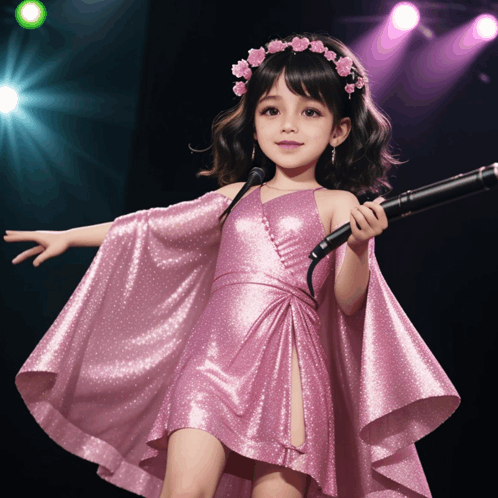 a little girl in a pink dress is holding a microphone on a stage