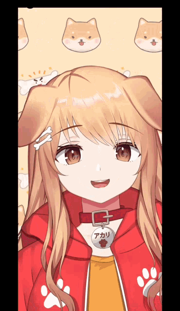 a girl in a red jacket with a dog tag around her neck that says " acari "