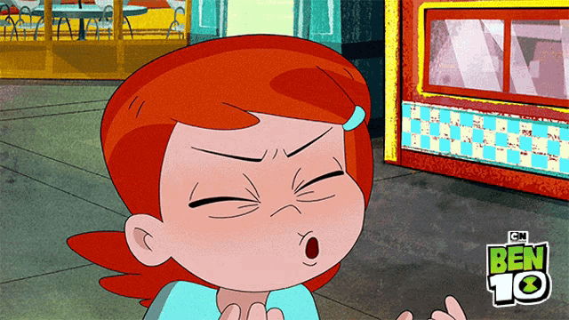 a cartoon of a girl with red hair and the ben 10 logo