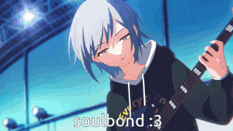 a girl playing a guitar with the words soulbond : 3 written on the bottom