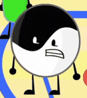a black and white ying yang with arms and legs is standing next to a green ball .